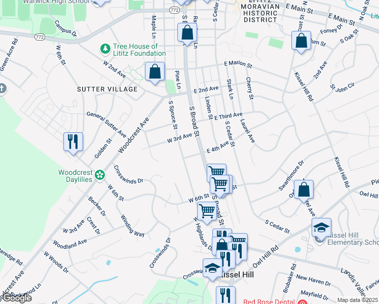 map of restaurants, bars, coffee shops, grocery stores, and more near 34 West 4th Avenue in Lititz