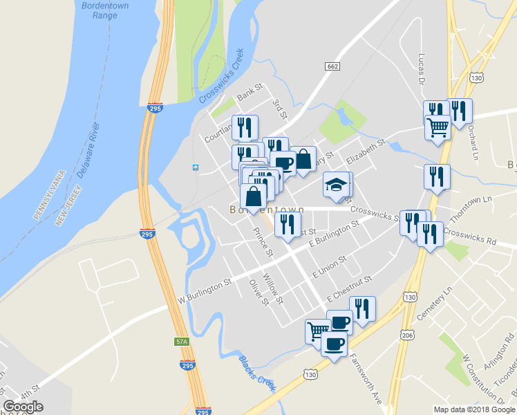 map of restaurants, bars, coffee shops, grocery stores, and more near 4A Walnut Street in Bordentown