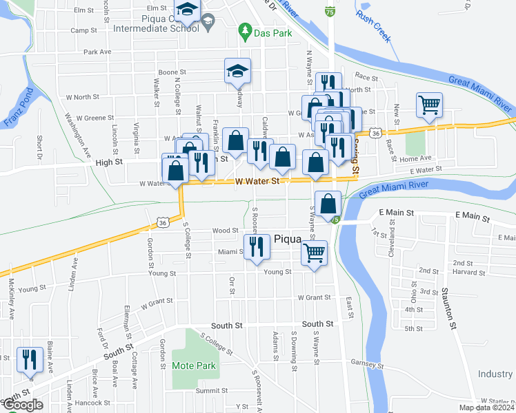 map of restaurants, bars, coffee shops, grocery stores, and more near 111 South Roosevelt Avenue in Piqua