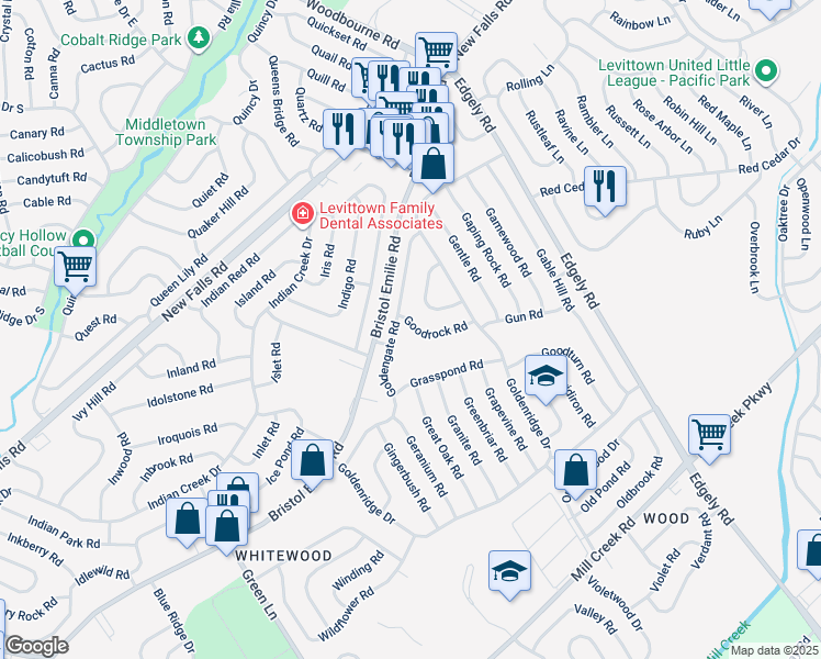 map of restaurants, bars, coffee shops, grocery stores, and more near 24 Goodrock Road in Levittown
