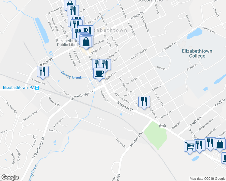 map of restaurants, bars, coffee shops, grocery stores, and more near 25 Orange Street in Elizabethtown