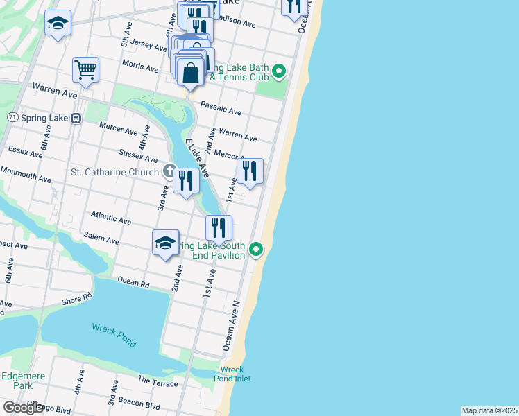 map of restaurants, bars, coffee shops, grocery stores, and more near 700 Ocean Avenue in Spring Lake