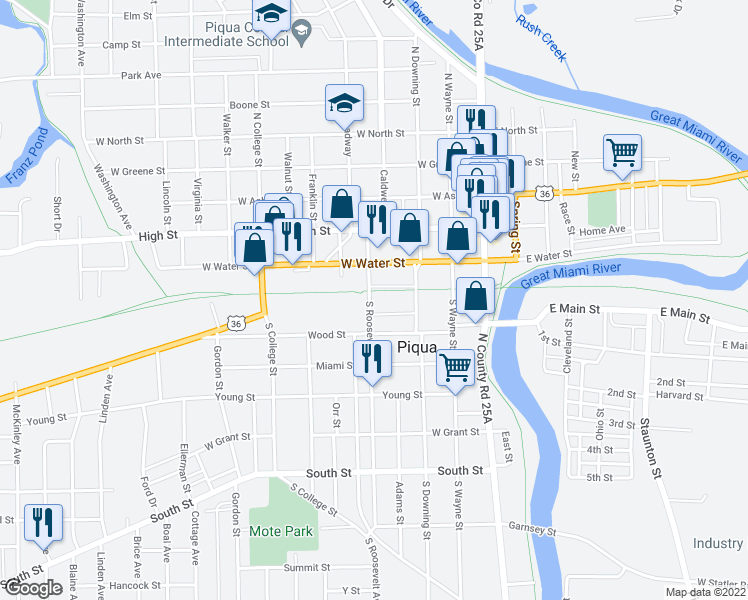 map of restaurants, bars, coffee shops, grocery stores, and more near 101 South Roosevelt Avenue in Piqua