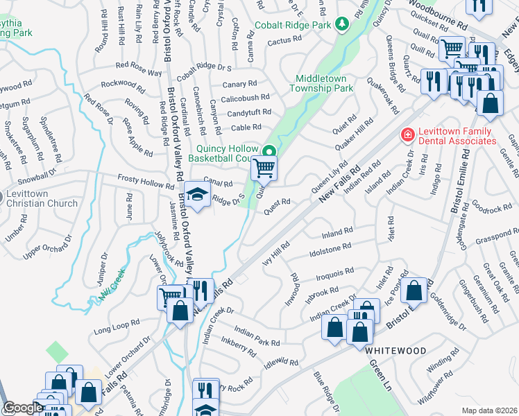 map of restaurants, bars, coffee shops, grocery stores, and more near 54 Quincy Drive in Levittown