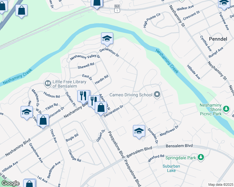 map of restaurants, bars, coffee shops, grocery stores, and more near 6253 Madison Court in Bucks County
