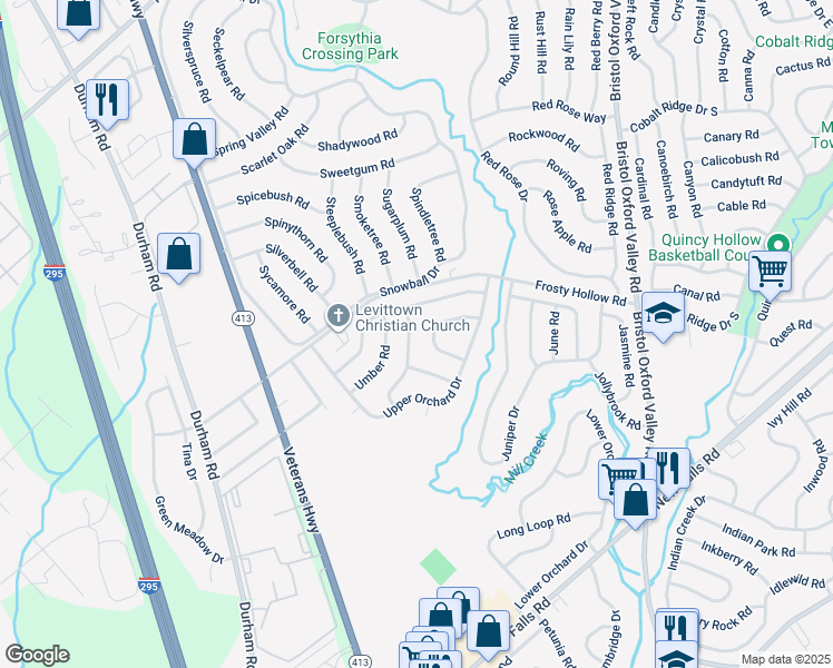 map of restaurants, bars, coffee shops, grocery stores, and more near 42 Underwood Road in Levittown
