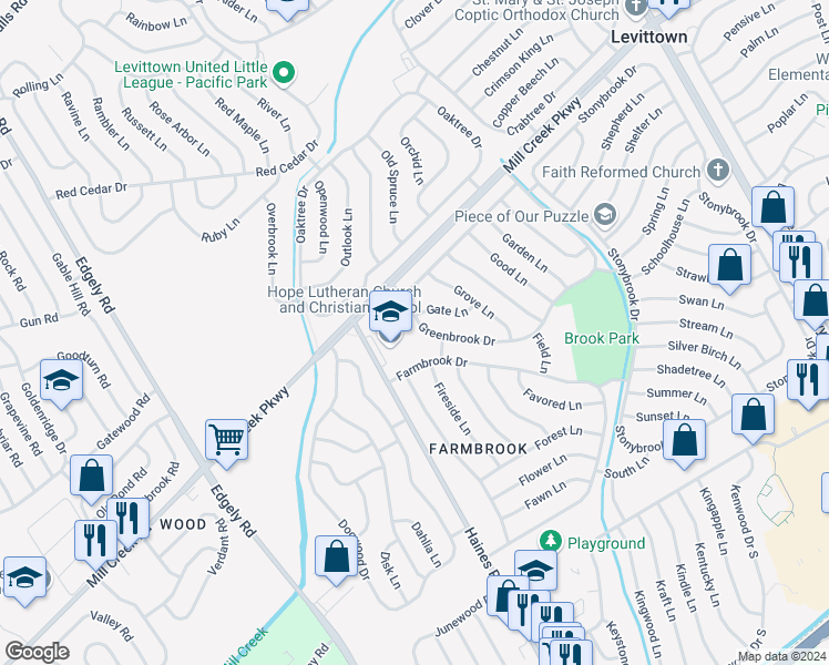 map of restaurants, bars, coffee shops, grocery stores, and more near 22 Greenbrook Drive in Levittown