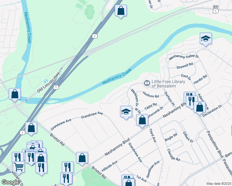 map of restaurants, bars, coffee shops, grocery stores, and more near G Road in Bensalem