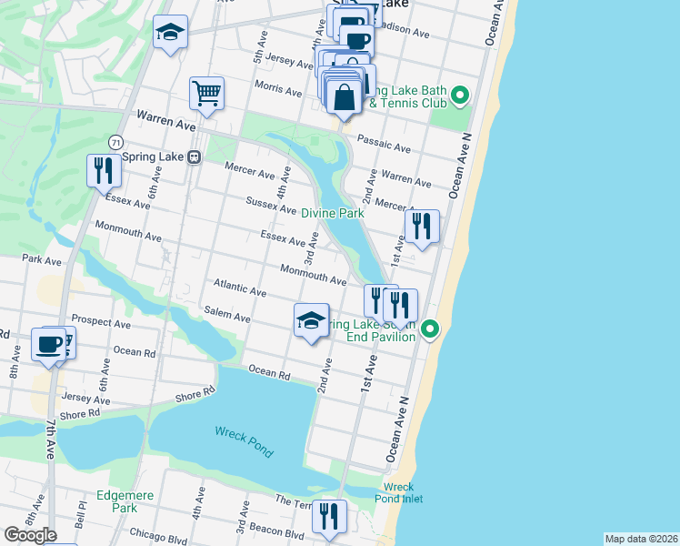 map of restaurants, bars, coffee shops, grocery stores, and more near 119 Monmouth Avenue in Spring Lake