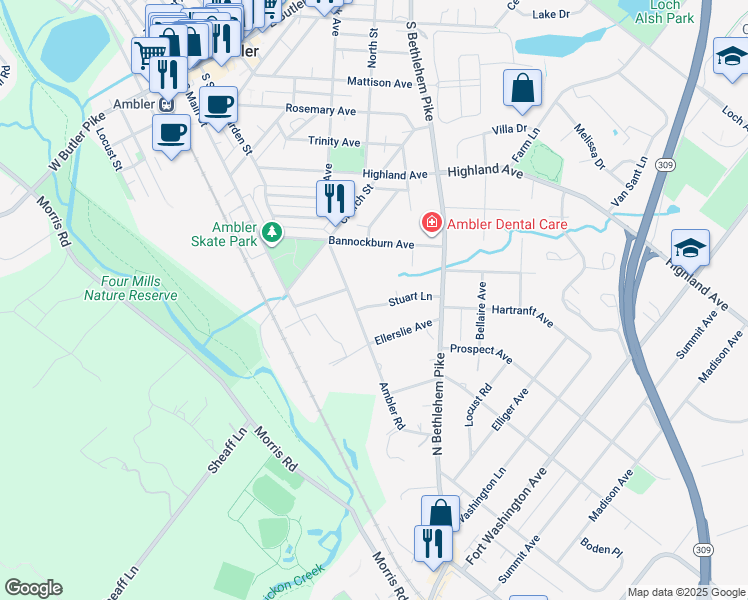 map of restaurants, bars, coffee shops, grocery stores, and more near 406 Stuart Lane in Ambler