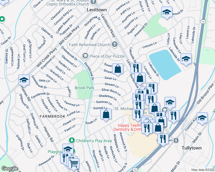 map of restaurants, bars, coffee shops, grocery stores, and more near 28 Stream Lane in Levittown