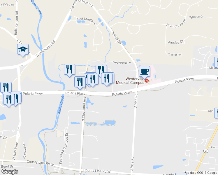 map of restaurants, bars, coffee shops, grocery stores, and more near 400 Polaris Parkway in Westerville
