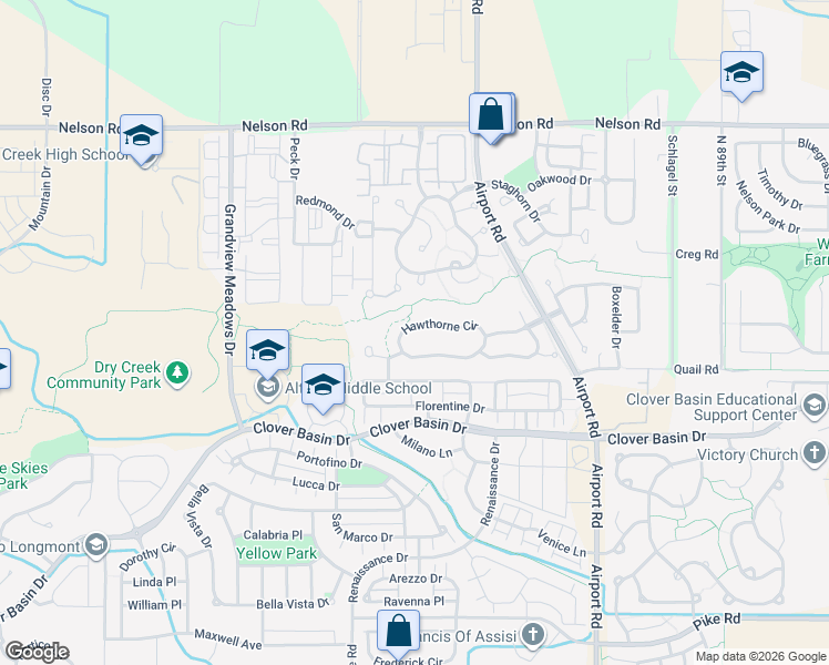 map of restaurants, bars, coffee shops, grocery stores, and more near 4006 Hawthorne Circle in Longmont