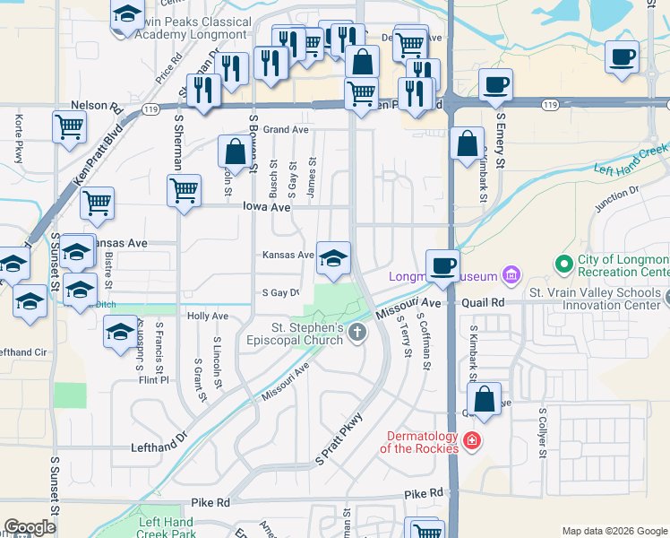map of restaurants, bars, coffee shops, grocery stores, and more near 1051 South Pratt Parkway in Longmont