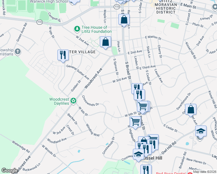 map of restaurants, bars, coffee shops, grocery stores, and more near 510 South Walnut Street in Lititz