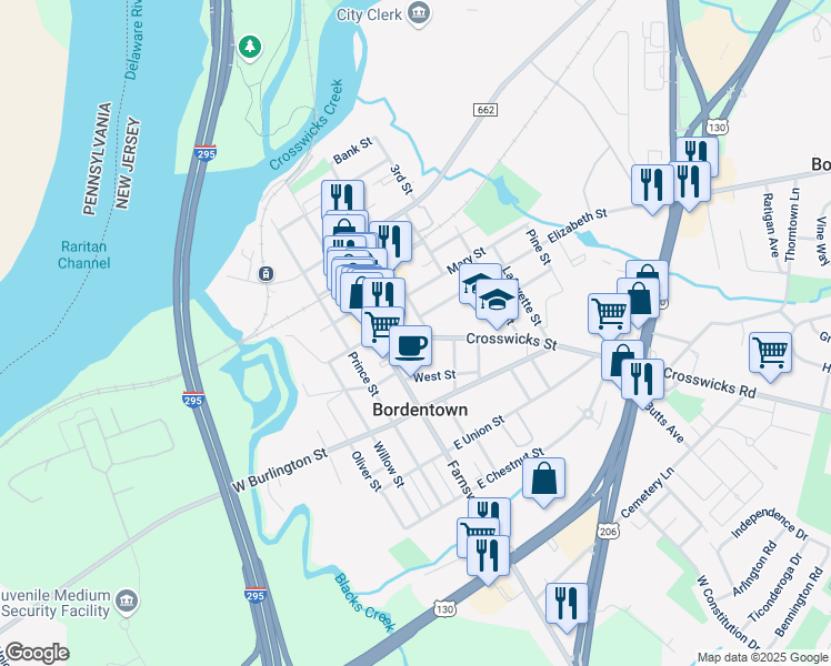 map of restaurants, bars, coffee shops, grocery stores, and more near 20 County Road 528 in Bordentown