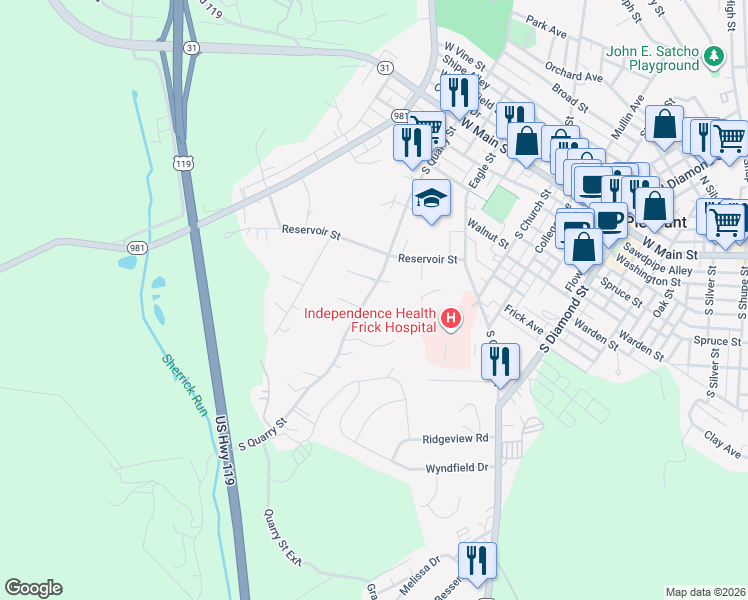 map of restaurants, bars, coffee shops, grocery stores, and more near 223 South Quarry Street in Mount Pleasant