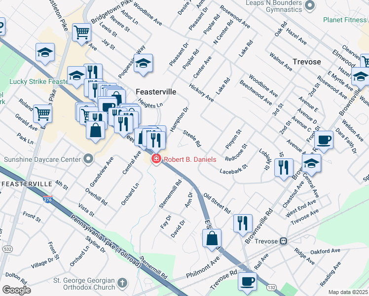 map of restaurants, bars, coffee shops, grocery stores, and more near 400 East Street Road in Feasterville-Trevose