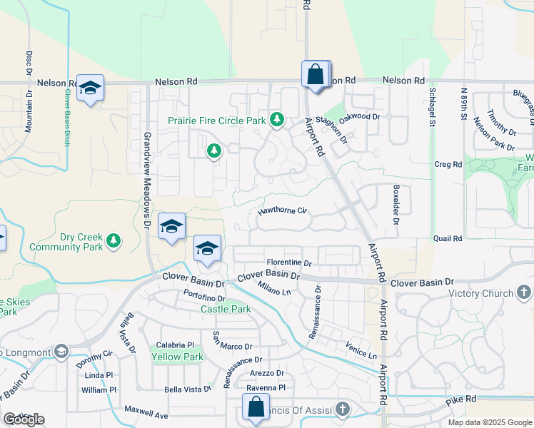 map of restaurants, bars, coffee shops, grocery stores, and more near 4006 Hawthorne Circle in Longmont