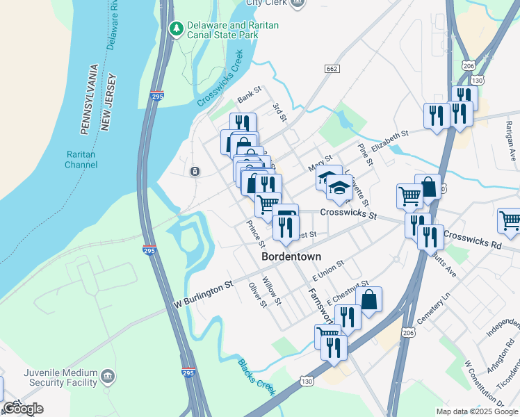map of restaurants, bars, coffee shops, grocery stores, and more near in Bordentown