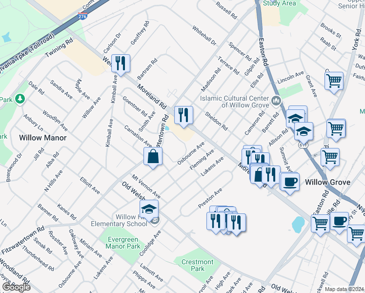 map of restaurants, bars, coffee shops, grocery stores, and more near 49 Twin Brooks Drive in Willow Grove
