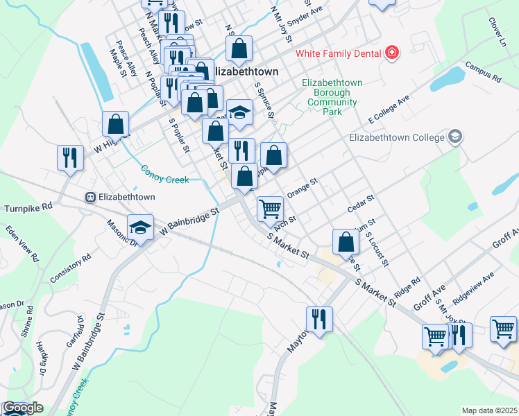 map of restaurants, bars, coffee shops, grocery stores, and more near 503 South Market Street in Elizabethtown