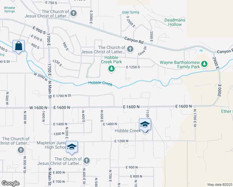 map of restaurants, bars, coffee shops, grocery stores, and more near 706 East 1700 North Street in Mapleton