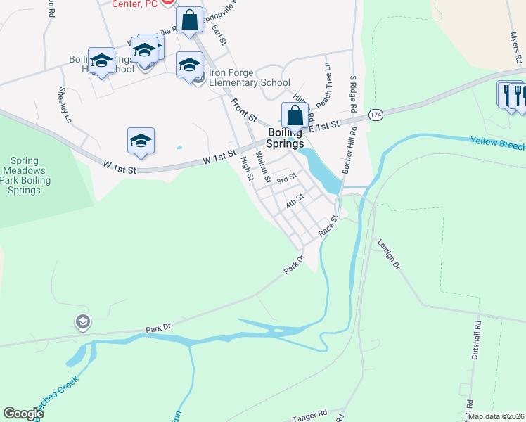 map of restaurants, bars, coffee shops, grocery stores, and more near 201 4th Street in Boiling Springs