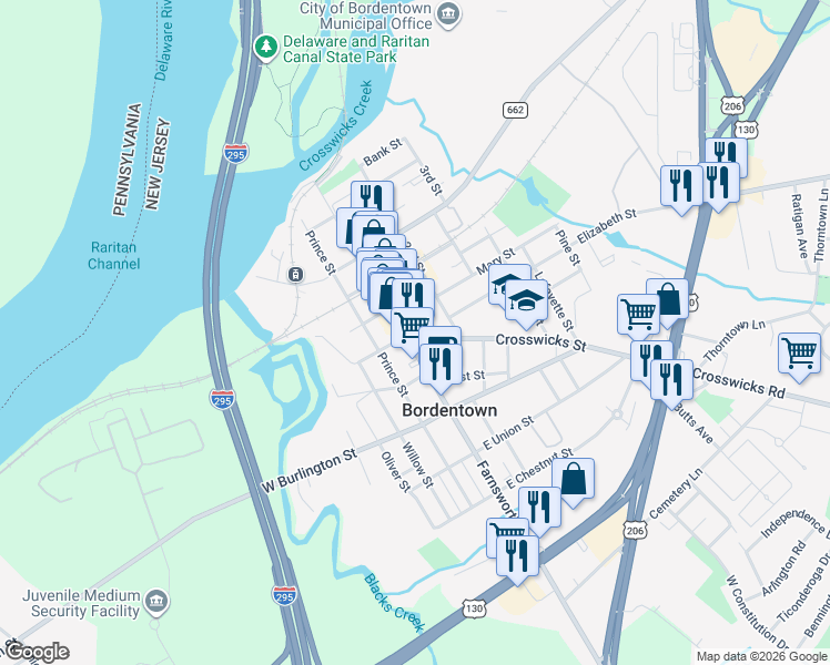 map of restaurants, bars, coffee shops, grocery stores, and more near 1 Crosswicks Street in Bordentown