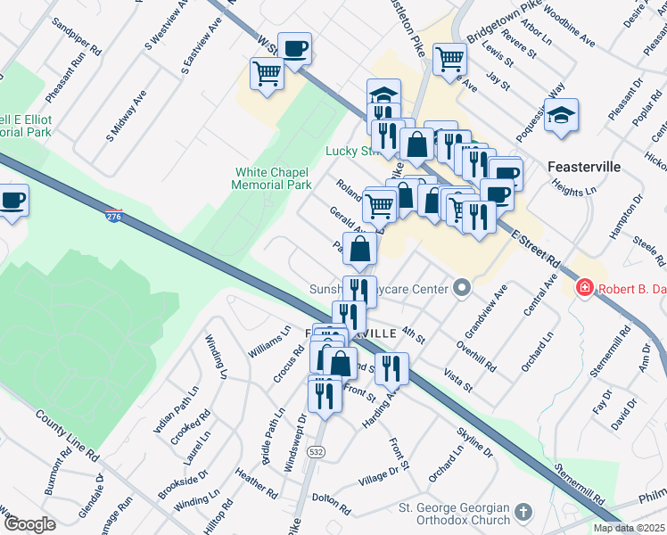 map of restaurants, bars, coffee shops, grocery stores, and more near 110 Forge Lane in Feasterville-Trevose
