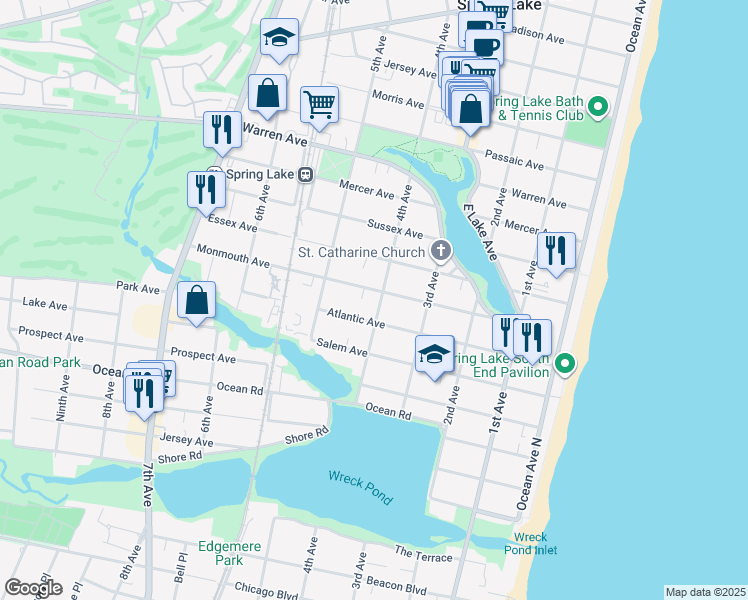 map of restaurants, bars, coffee shops, grocery stores, and more near 400 Atlantic Avenue in Spring Lake