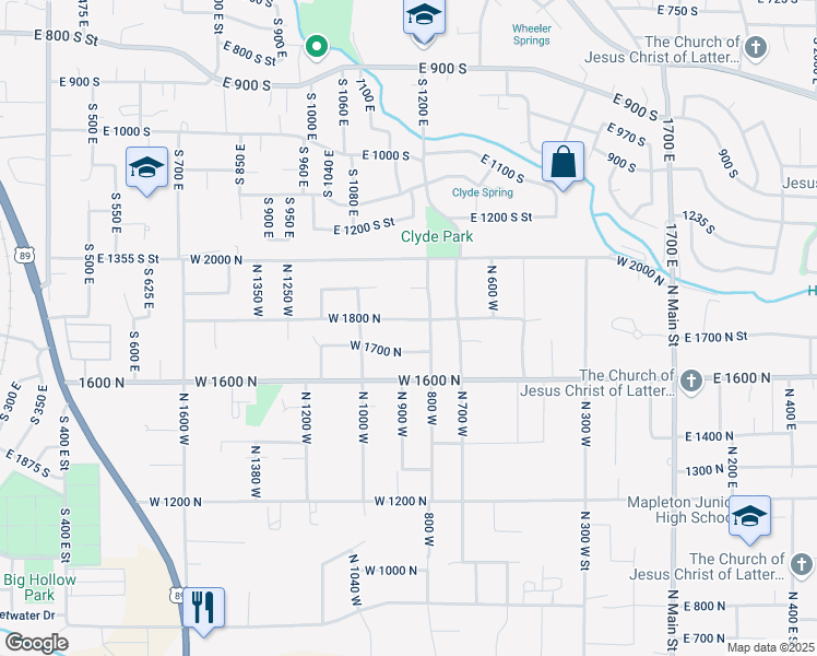 map of restaurants, bars, coffee shops, grocery stores, and more near 865 West 1800 North in Mapleton