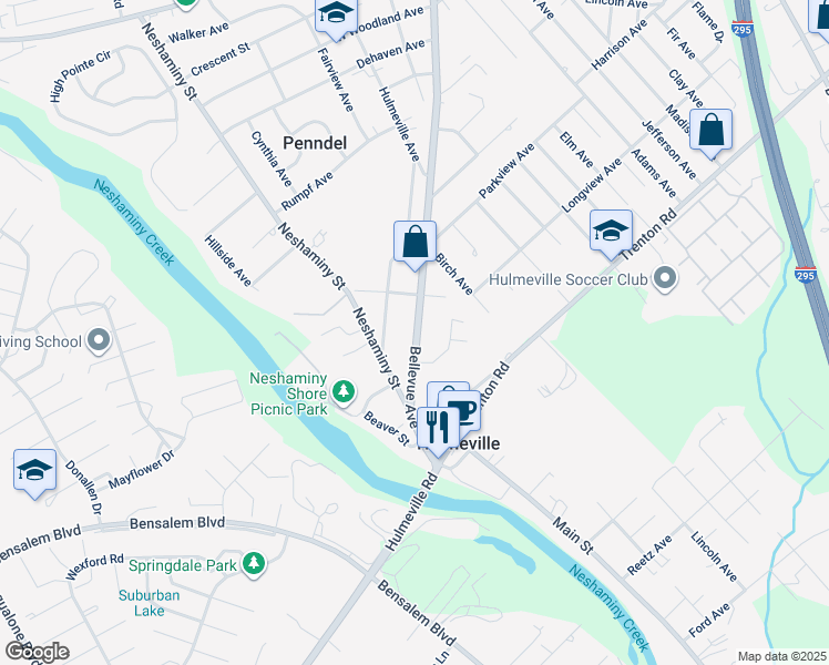 map of restaurants, bars, coffee shops, grocery stores, and more near 910 Bellevue Avenue in Hulmeville
