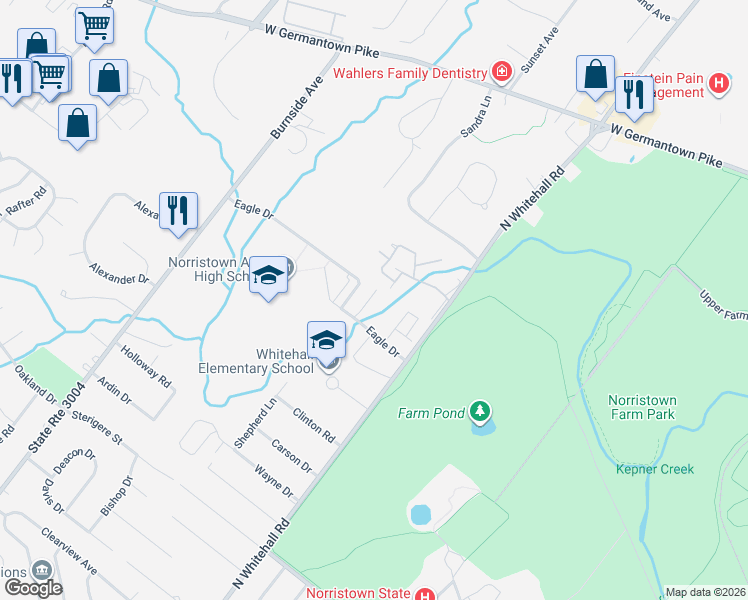 map of restaurants, bars, coffee shops, grocery stores, and more near 409 North Whitehall Road in Eagleville