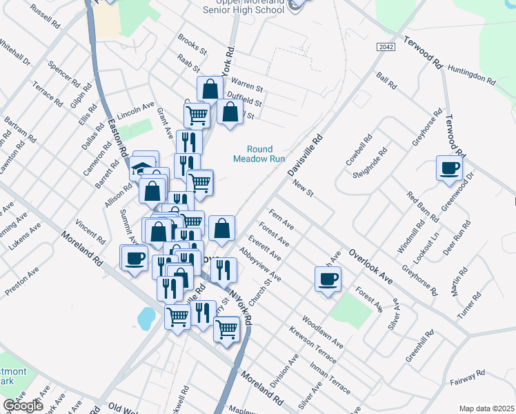 map of restaurants, bars, coffee shops, grocery stores, and more near 412 Davisville Road in Willow Grove