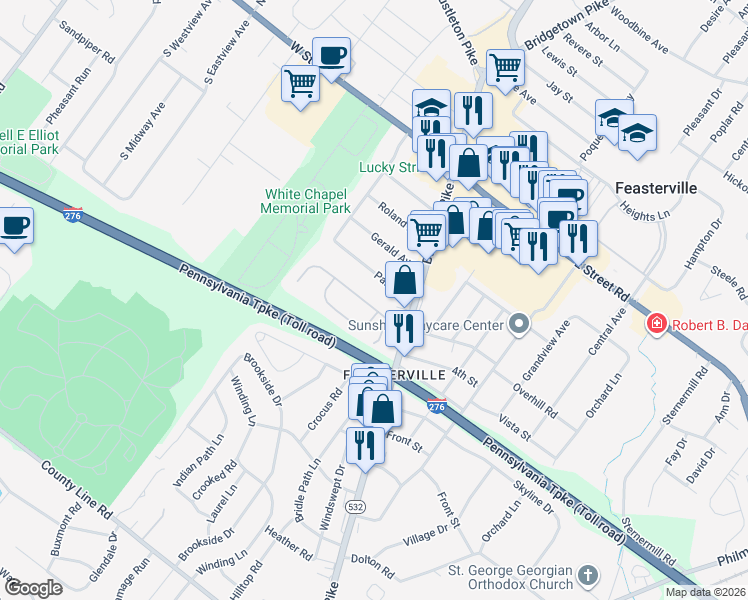 map of restaurants, bars, coffee shops, grocery stores, and more near 113 Forge Lane in Feasterville-Trevose