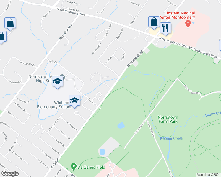 map of restaurants, bars, coffee shops, grocery stores, and more near 1215 Stonybrook Drive in Norristown