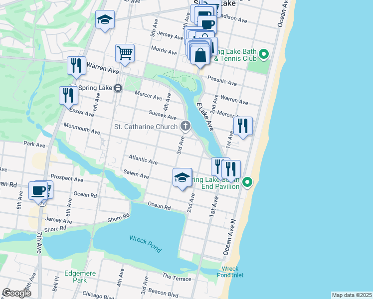 map of restaurants, bars, coffee shops, grocery stores, and more near 213 Monmouth Avenue in Spring Lake