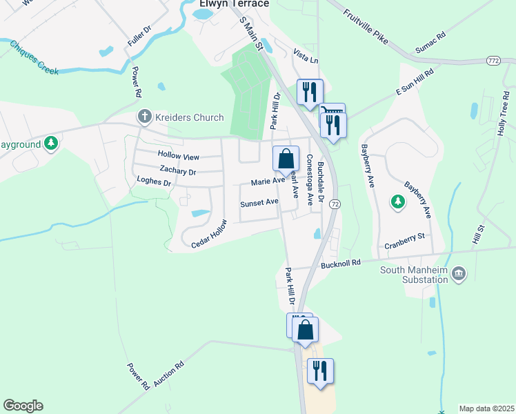 map of restaurants, bars, coffee shops, grocery stores, and more near 41 Sunset Avenue in Manheim