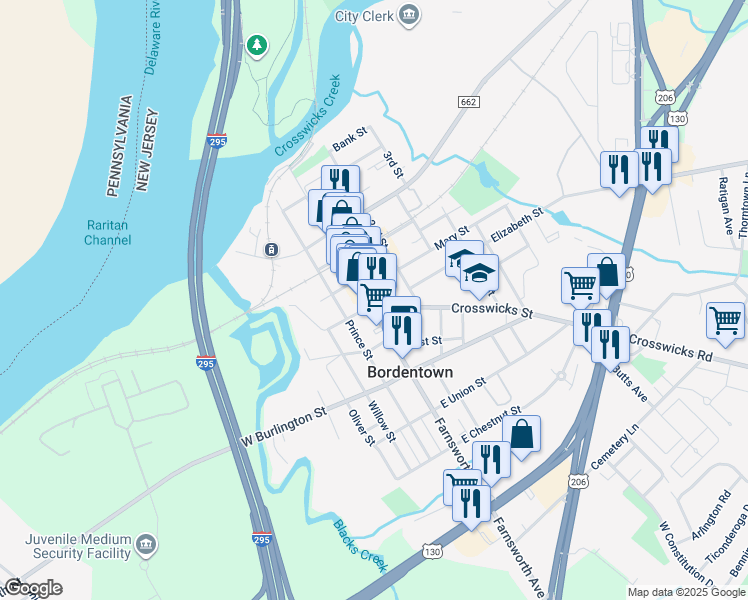 map of restaurants, bars, coffee shops, grocery stores, and more near in Bordentown