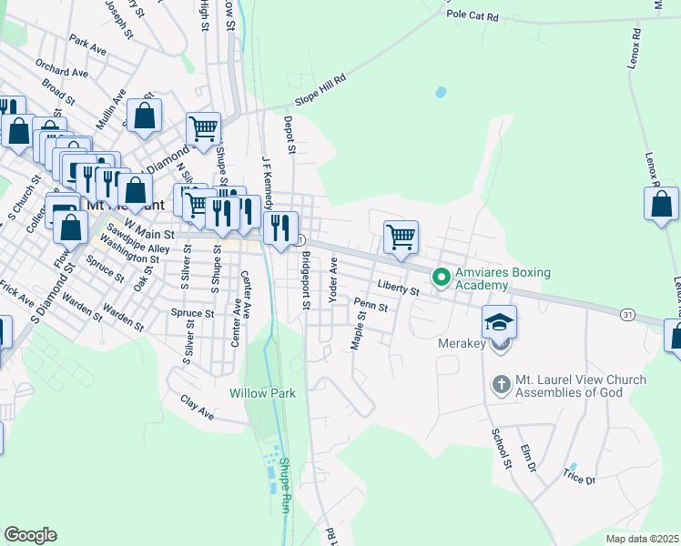 map of restaurants, bars, coffee shops, grocery stores, and more near 111 Yoder Avenue in Mount Pleasant