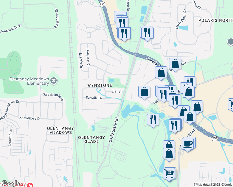 map of restaurants, bars, coffee shops, grocery stores, and more near 784 Sanville Drive in Lewis Center