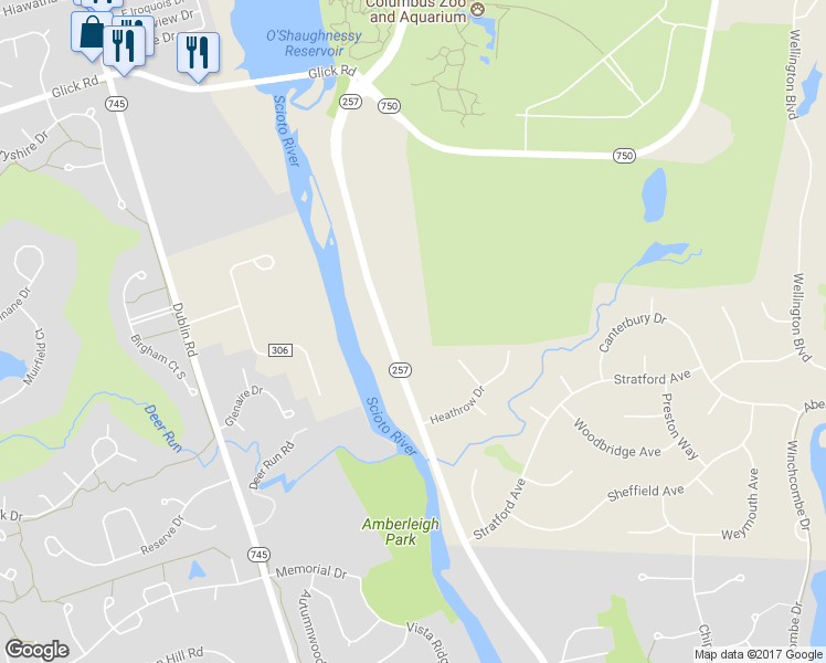 map of restaurants, bars, coffee shops, grocery stores, and more near 10607 Riverside Drive in Powell