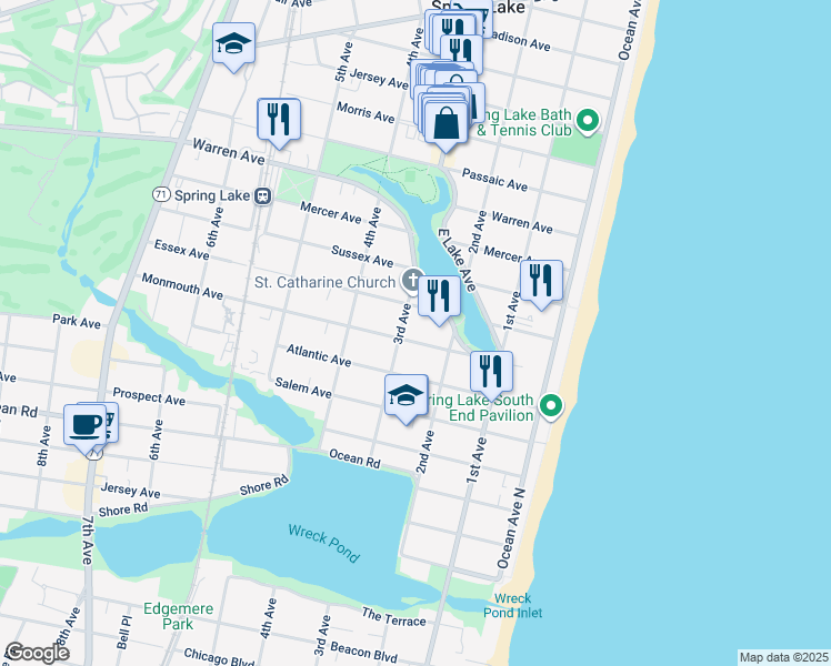 map of restaurants, bars, coffee shops, grocery stores, and more near 214 Monmouth Avenue in Spring Lake