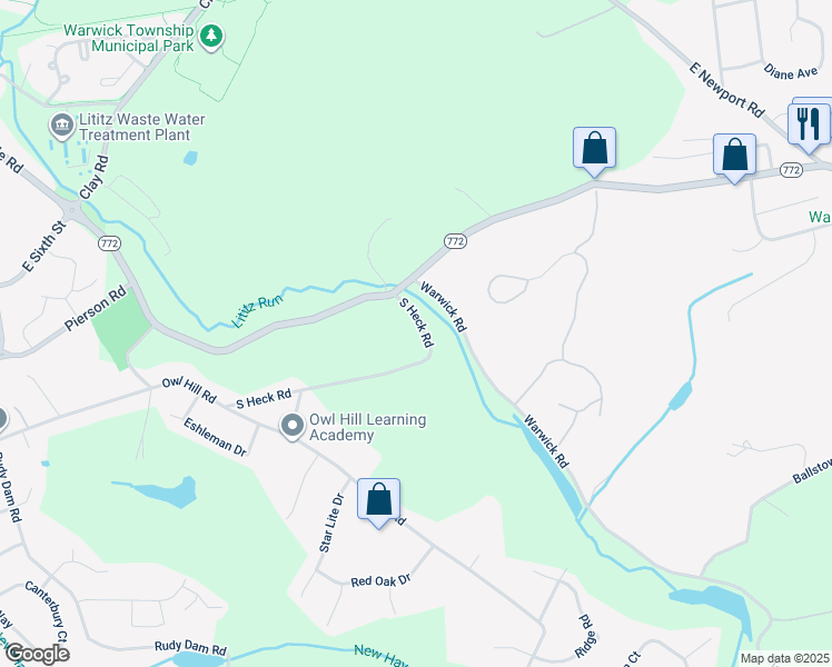 map of restaurants, bars, coffee shops, grocery stores, and more near 45 South Heck Road in Lititz