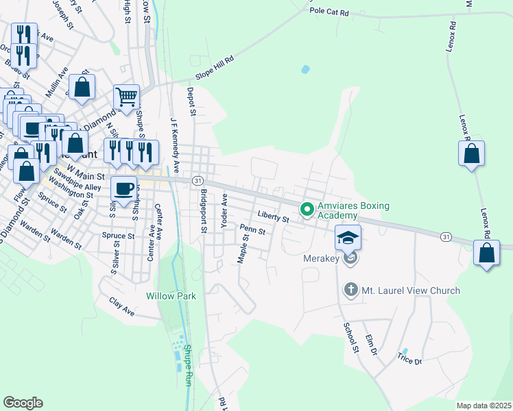 map of restaurants, bars, coffee shops, grocery stores, and more near 298 Maple Street in Mount Pleasant