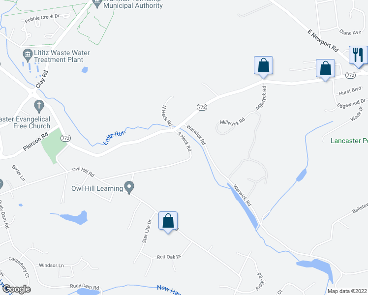 map of restaurants, bars, coffee shops, grocery stores, and more near 45 South Heck Road in Lititz