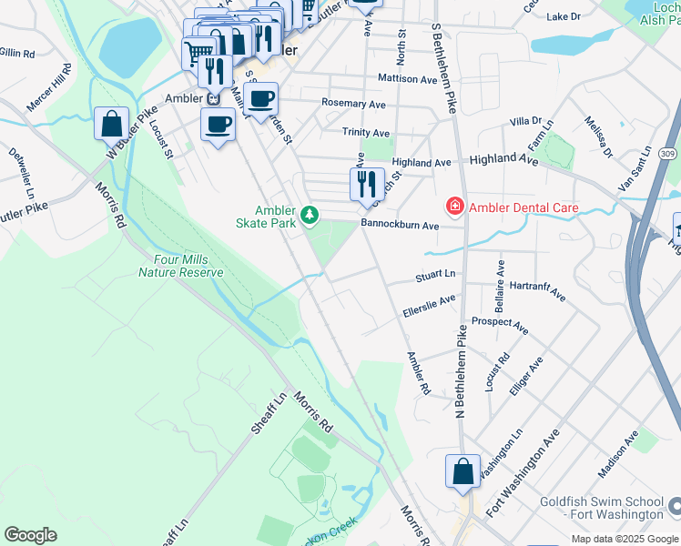 map of restaurants, bars, coffee shops, grocery stores, and more near 304 Randolph Avenue in Ambler