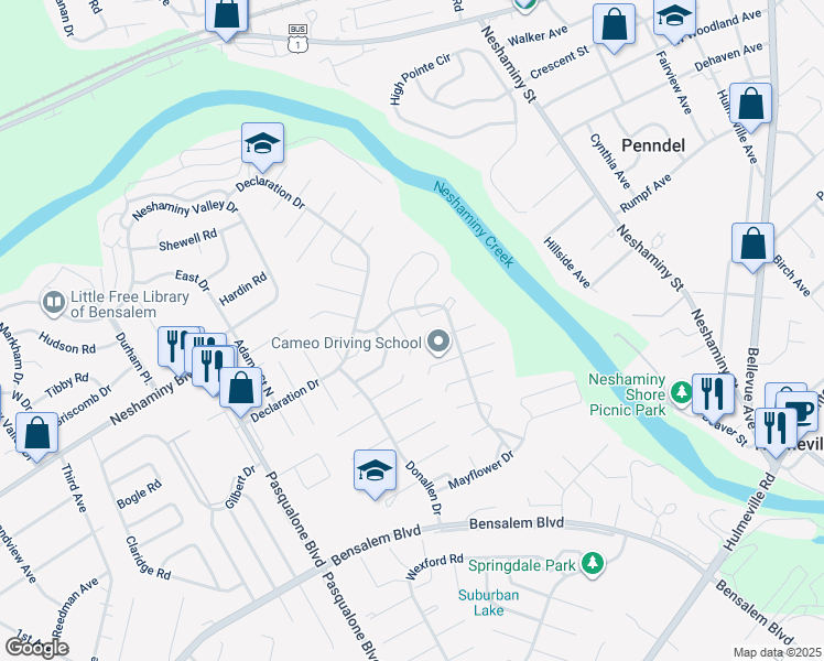 map of restaurants, bars, coffee shops, grocery stores, and more near 3125 Benjamin Rush Court in Bensalem