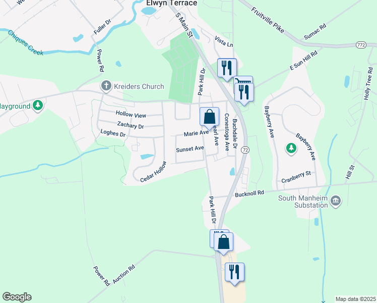 map of restaurants, bars, coffee shops, grocery stores, and more near 41 Sunset Avenue in Manheim